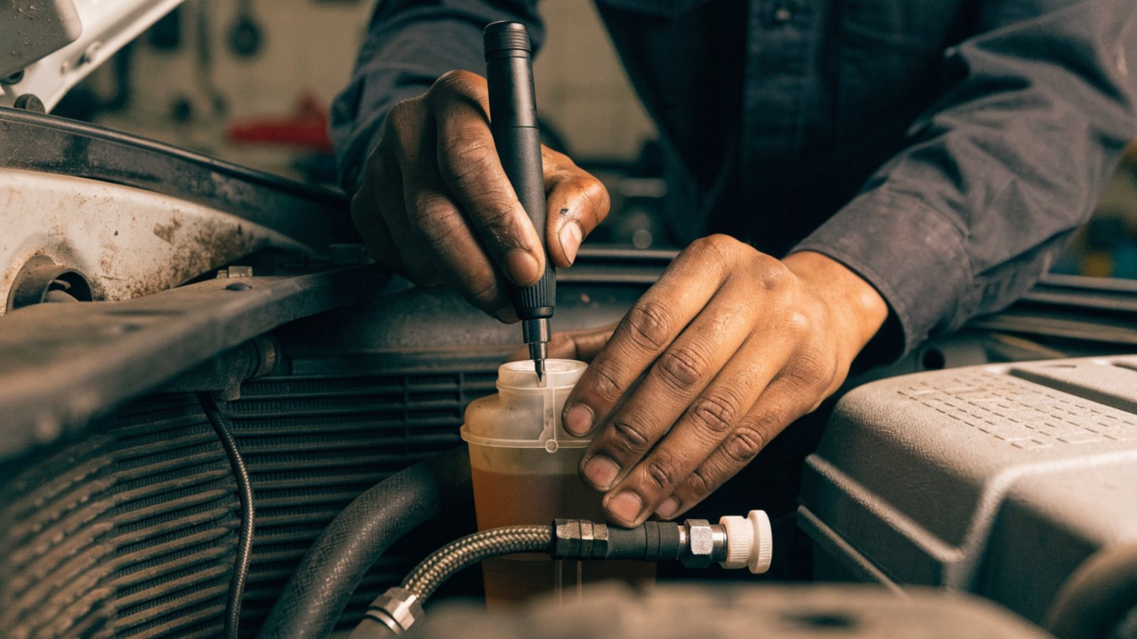 Mechanic testing brake fluid in the reservoir under a car bonnet with a handheld tester