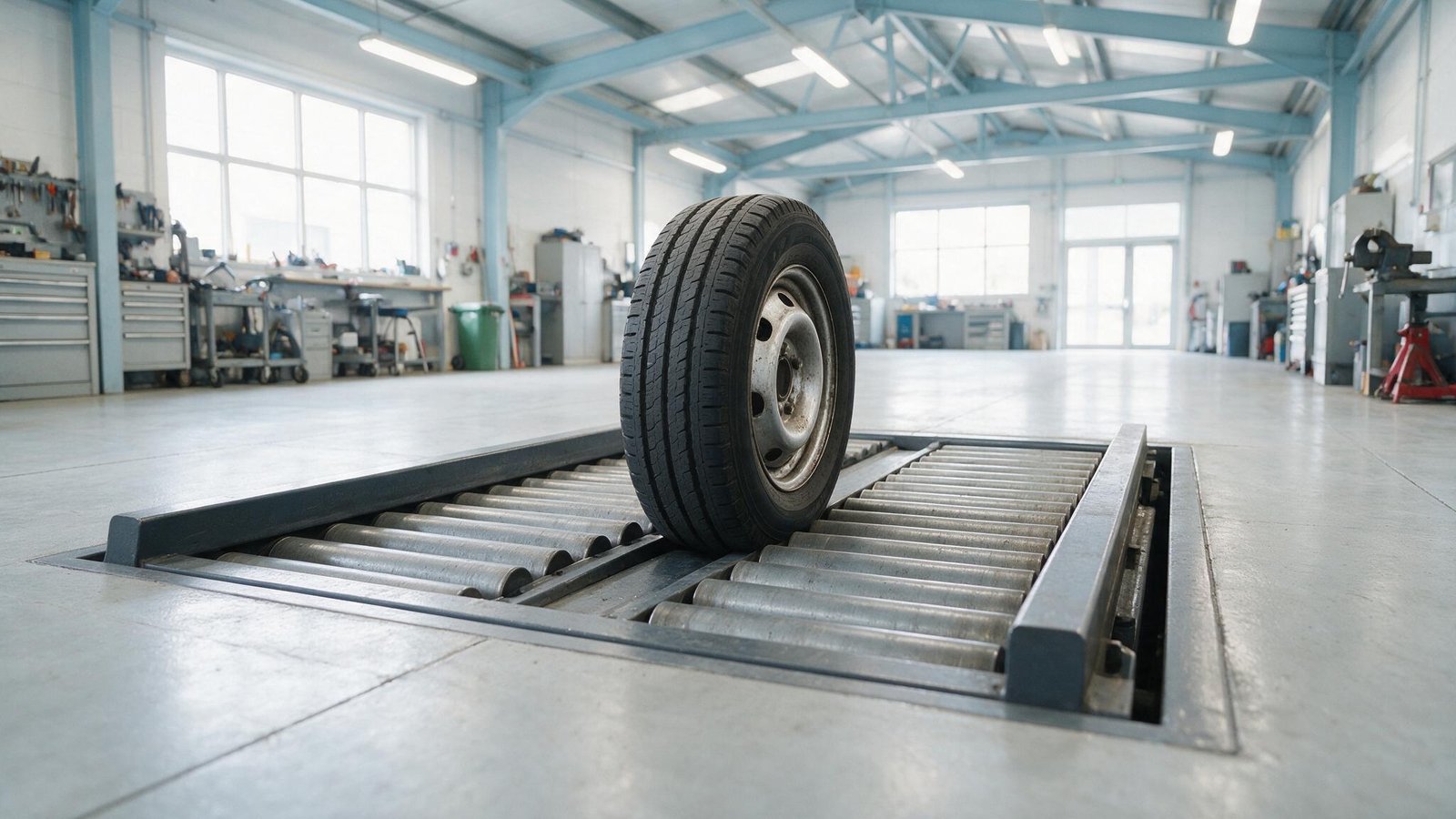 Heavy vehicle brake roller test bed set into a workshop floor with a van wheel positioned on it