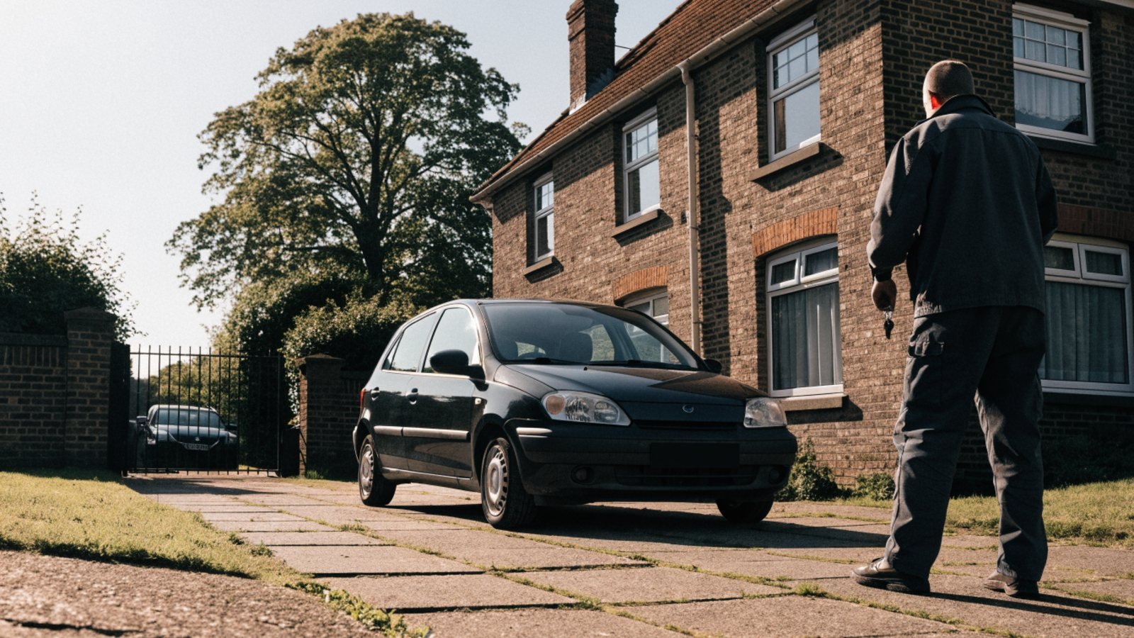Mechanic in dark workwear walking up to a hatchback parked on the driveway of a brick house to collect it