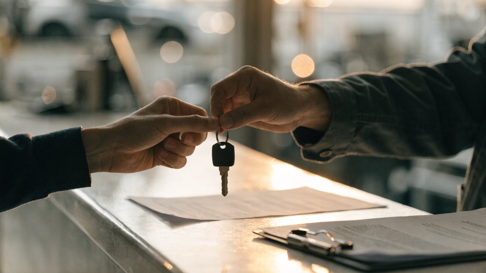 Customer handing a car key across a garage counter to a mechanic next to a job card and clipboard