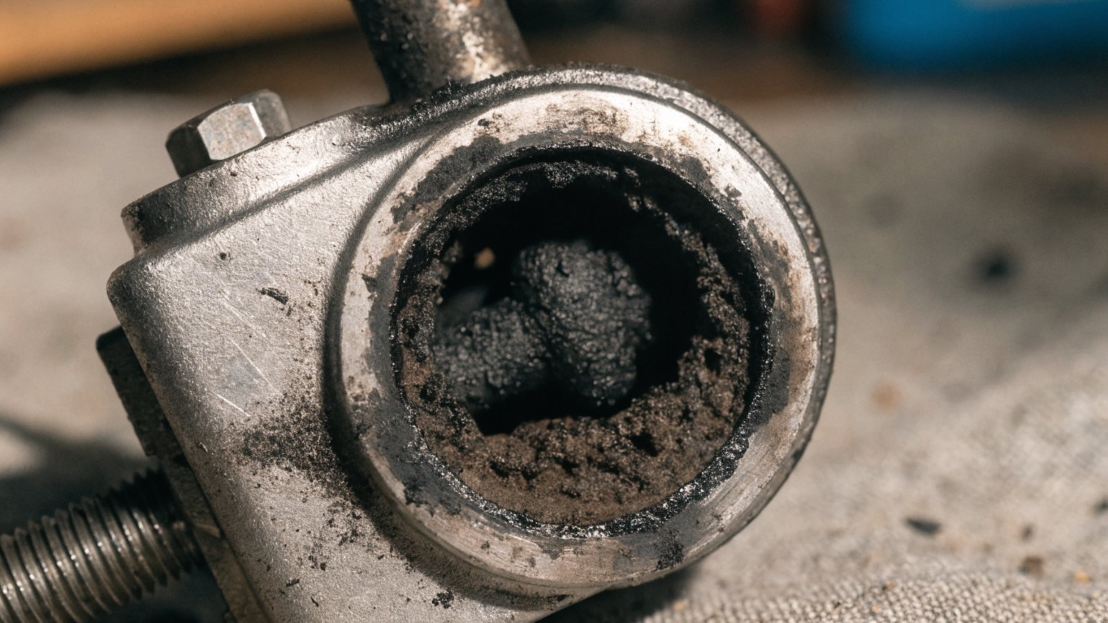 Diesel EGR valve removed from an engine with a thick build-up of carbon inside the port, resting on a workshop cloth
