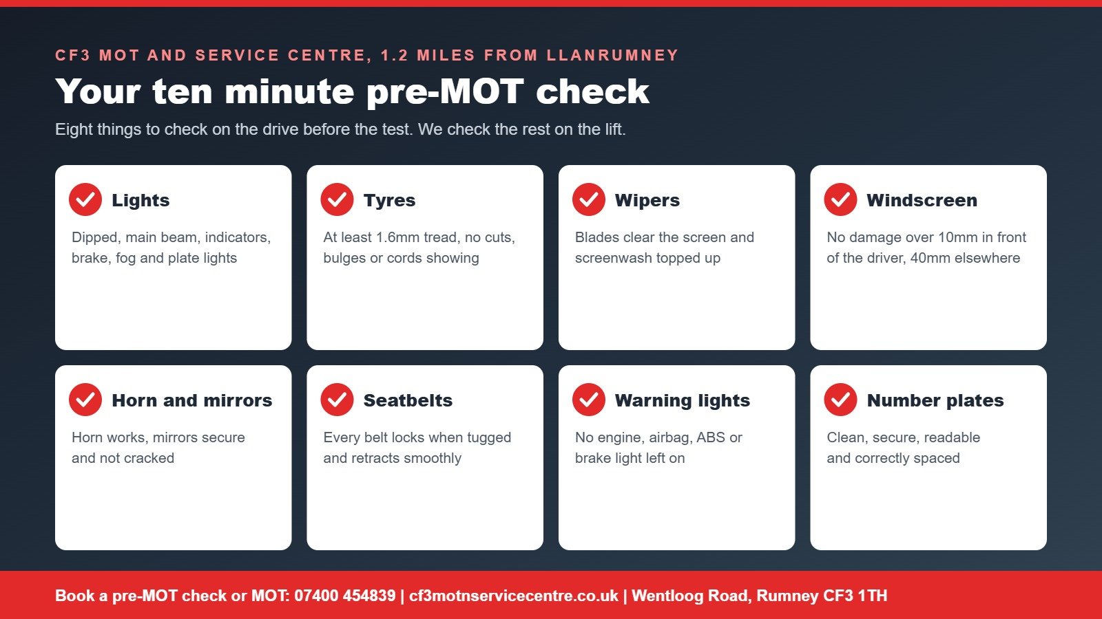 CF3 branded pre-MOT checklist graphic listing eight checks drivers can do at home: lights, tyres, wipers and washers, windscreen, horn and mirrors, seatbelts, warning lights and number plates