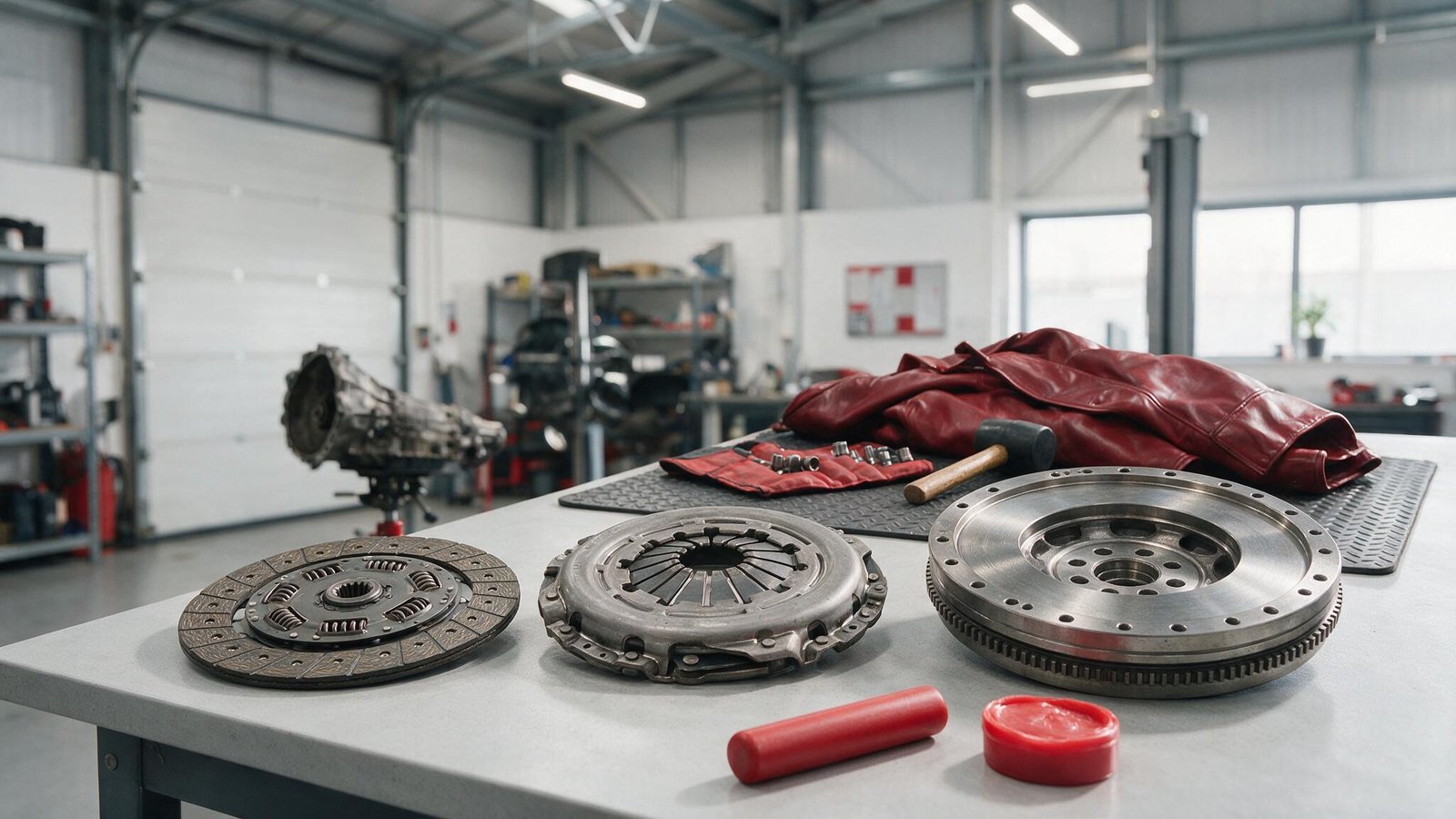 Clutch friction plate, pressure plate and dual mass flywheel laid out on a workshop bench in Cardiff