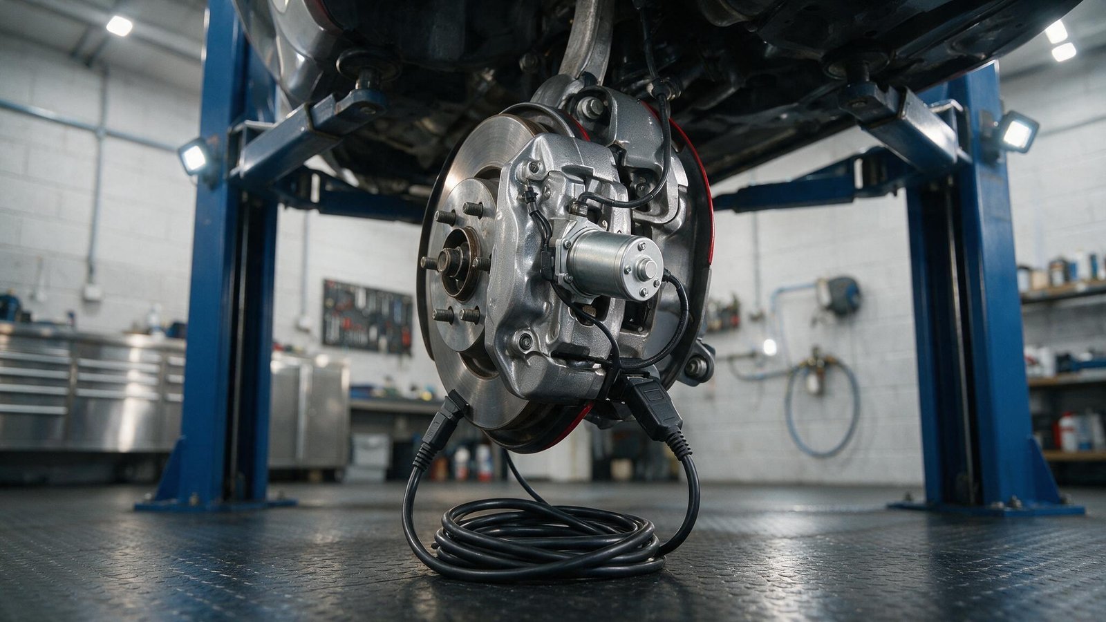 Rear brake caliper with an electric parking brake actuator motor and a diagnostic scan tool connected