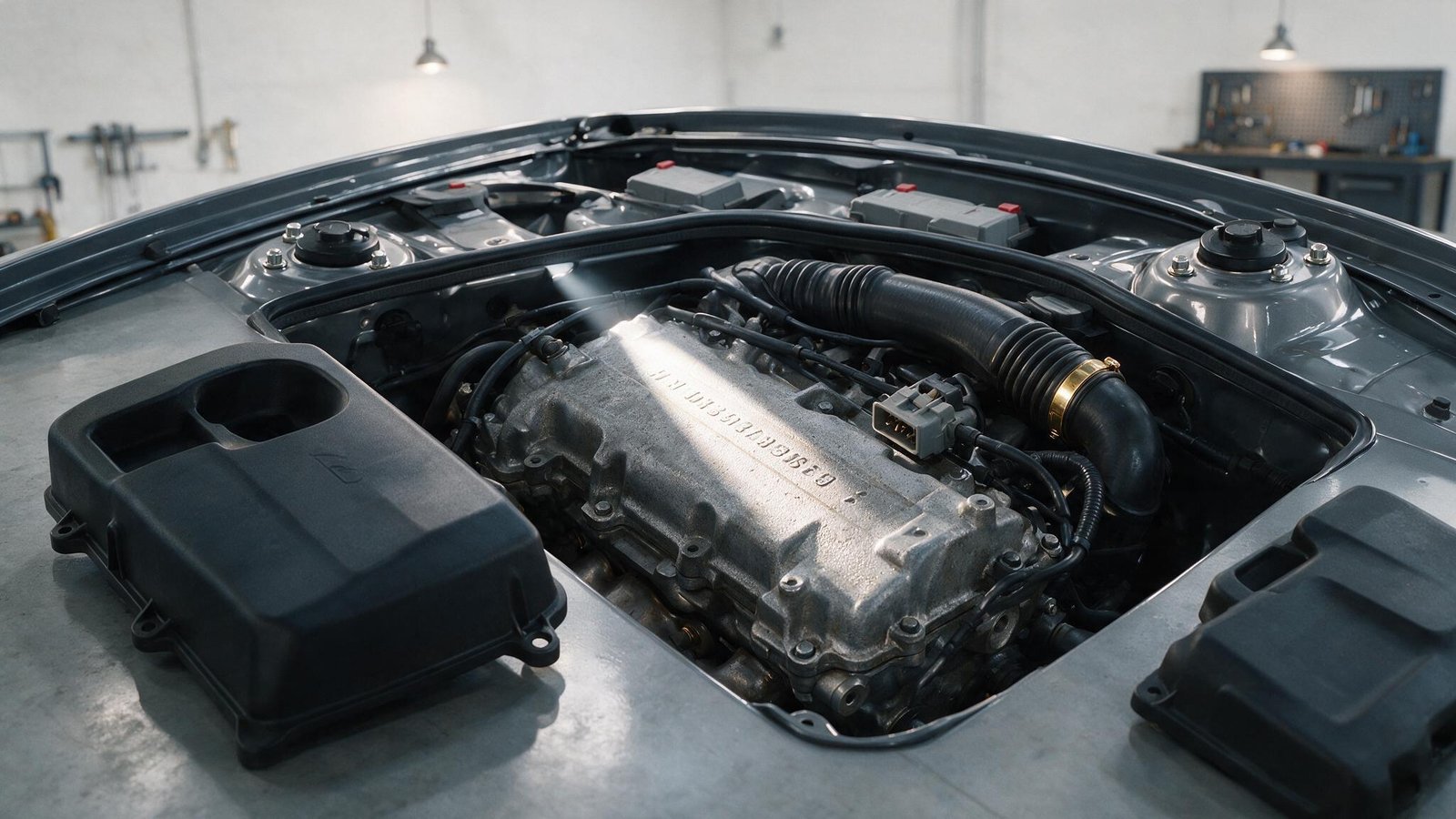 Engine bay with the plastic cover removed showing the bare block face where the engine code is stamped
