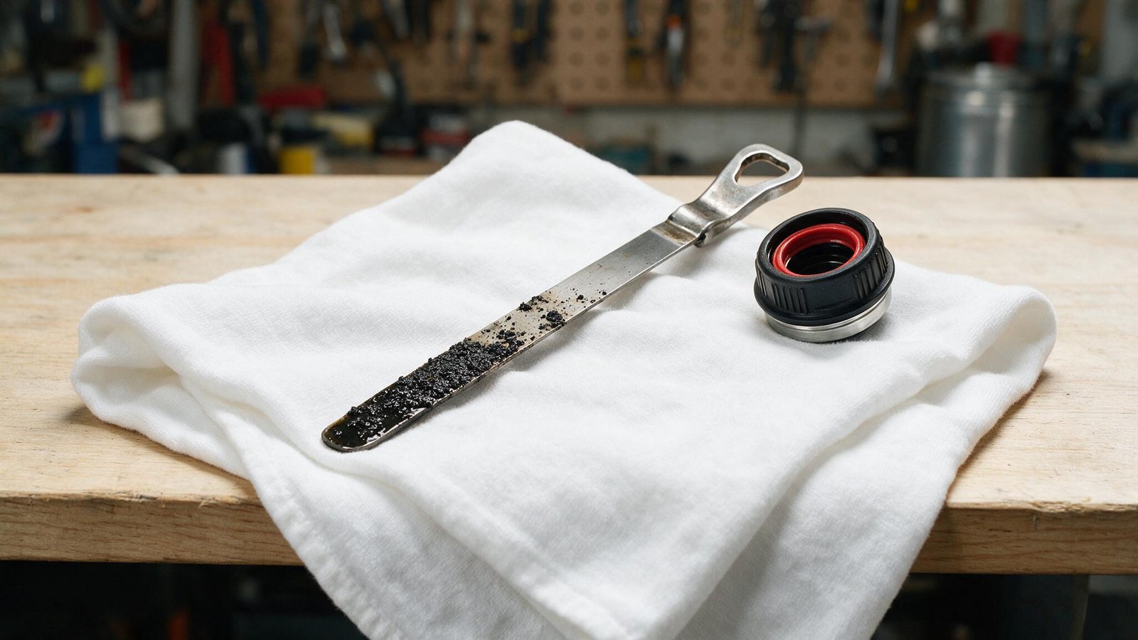 Engine oil dipstick on a white cloth showing dark grainy oil with flecks of rubber debris