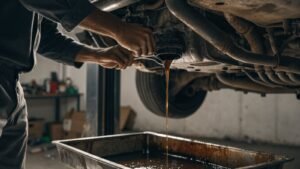 Mechanic draining old engine oil from a car raised on a lift into a drain tray in a garage workshop