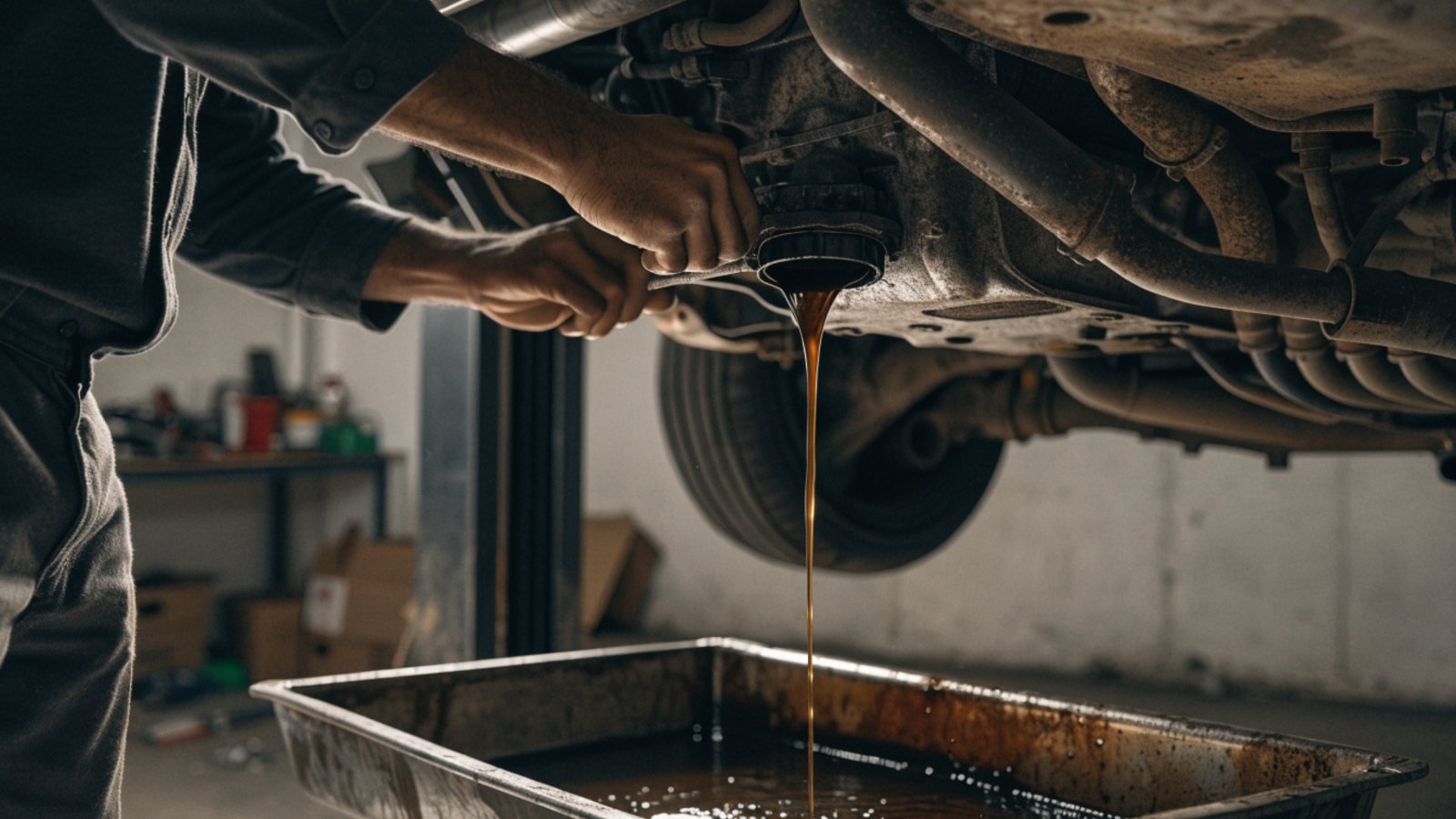 Mechanic draining old engine oil from a car raised on a lift into a drain tray in a garage workshop