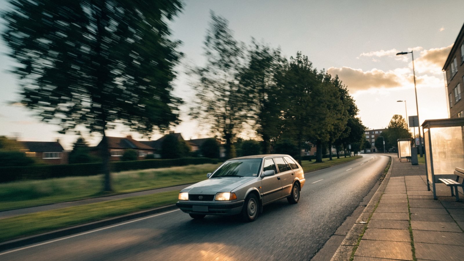 Silver estate car driving along a tree-lined suburban main road past a bus stop in the early evening with headlights on