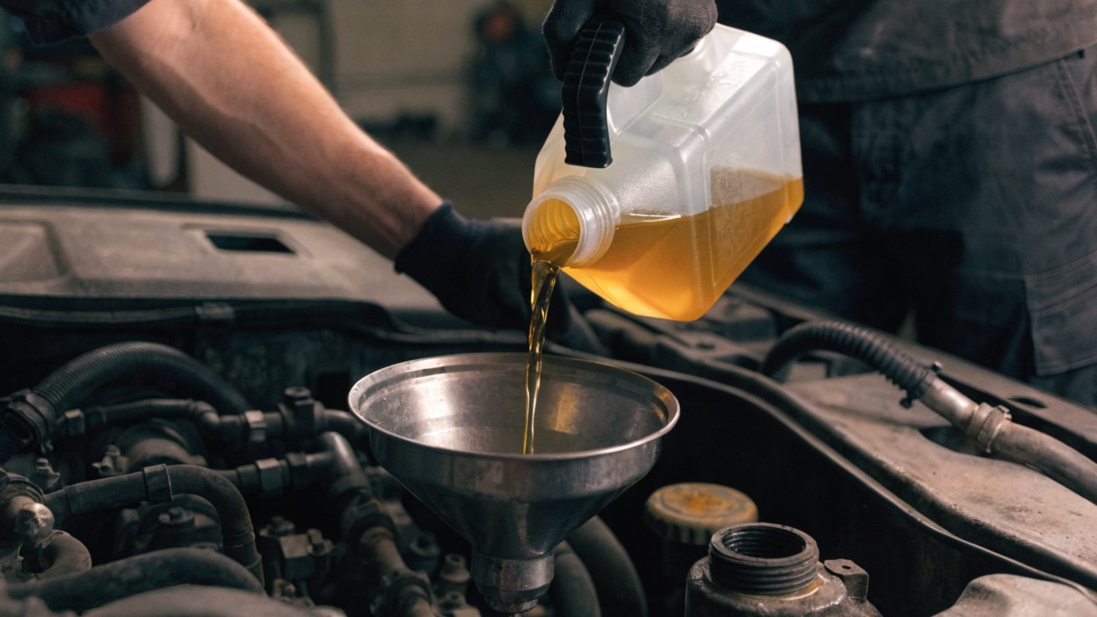 Mechanic pouring fresh engine oil from a jug through a funnel into a car engine