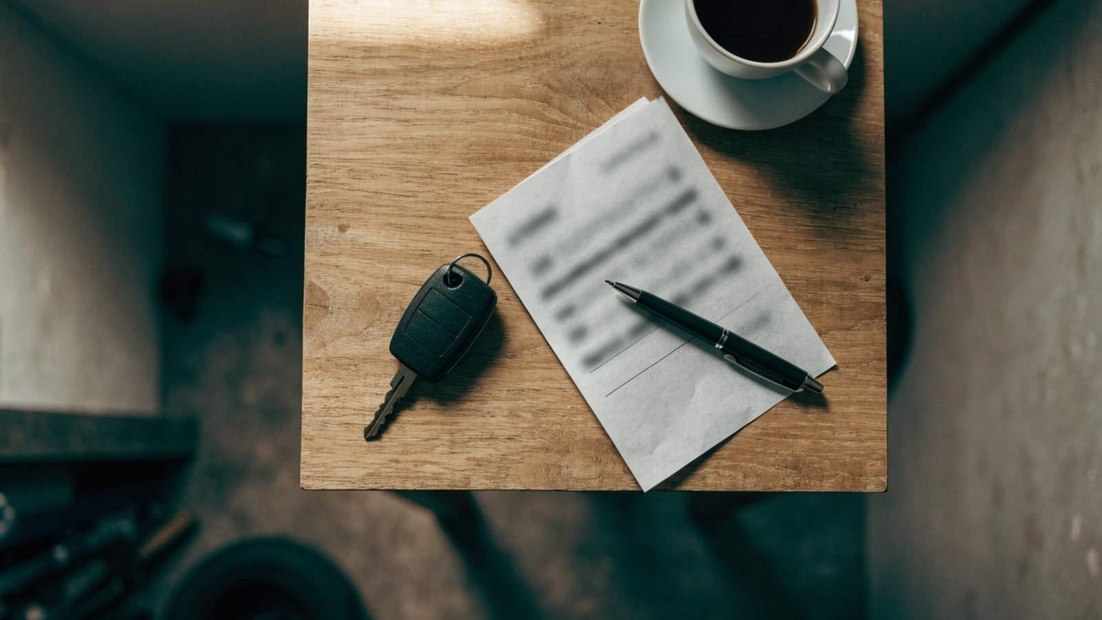 Car key, pen, coffee cup and a folded invoice on a wooden garage counter
