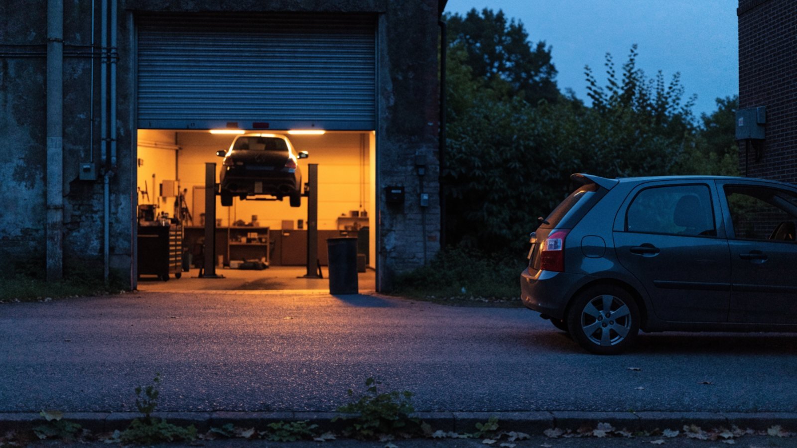 Independent garage at dusk with its roller door open, warm light inside, a car on a lift and a hatchback parked outside