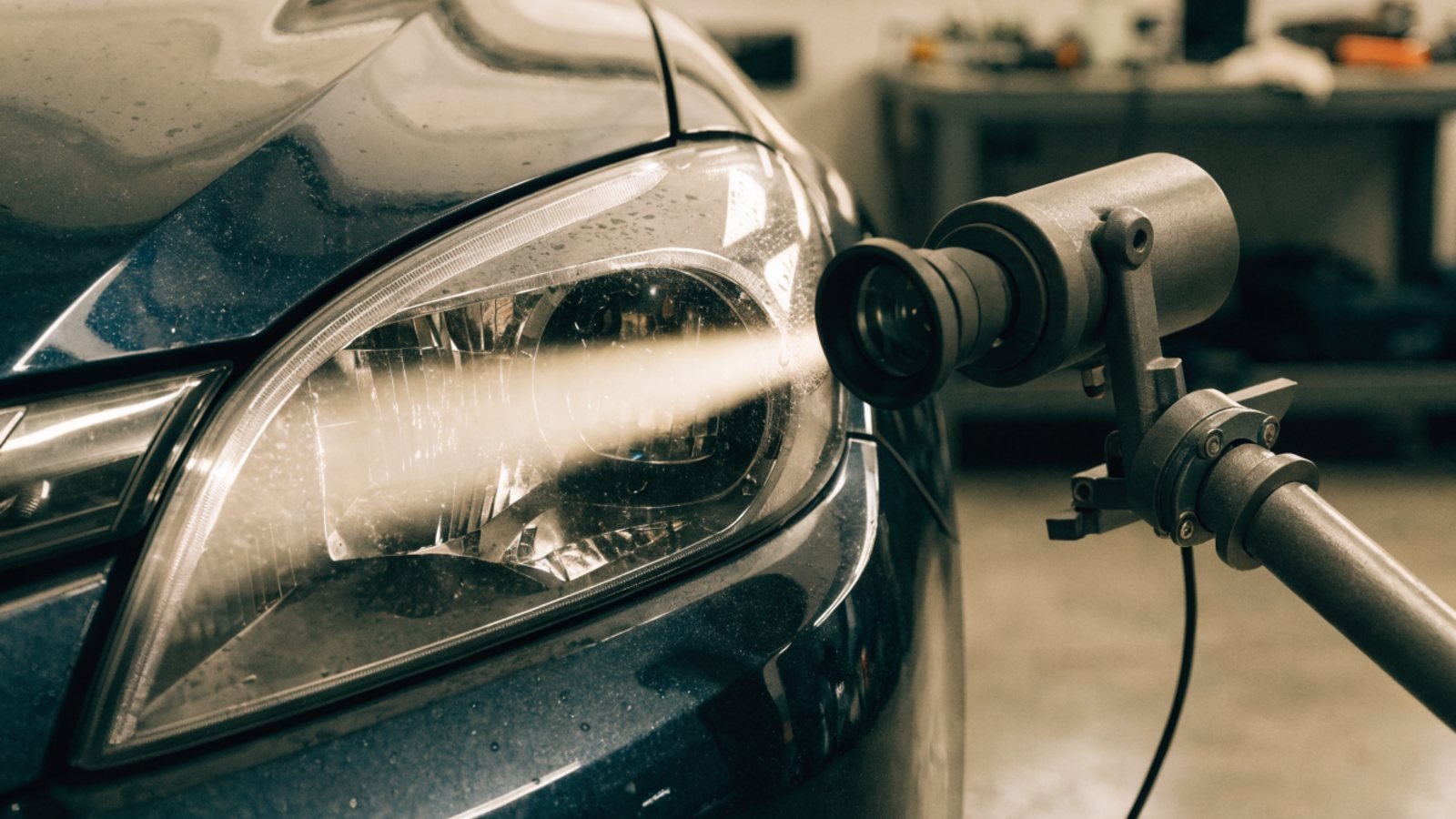 Headlamp beam alignment unit shining against the front headlight of a dark car in a garage