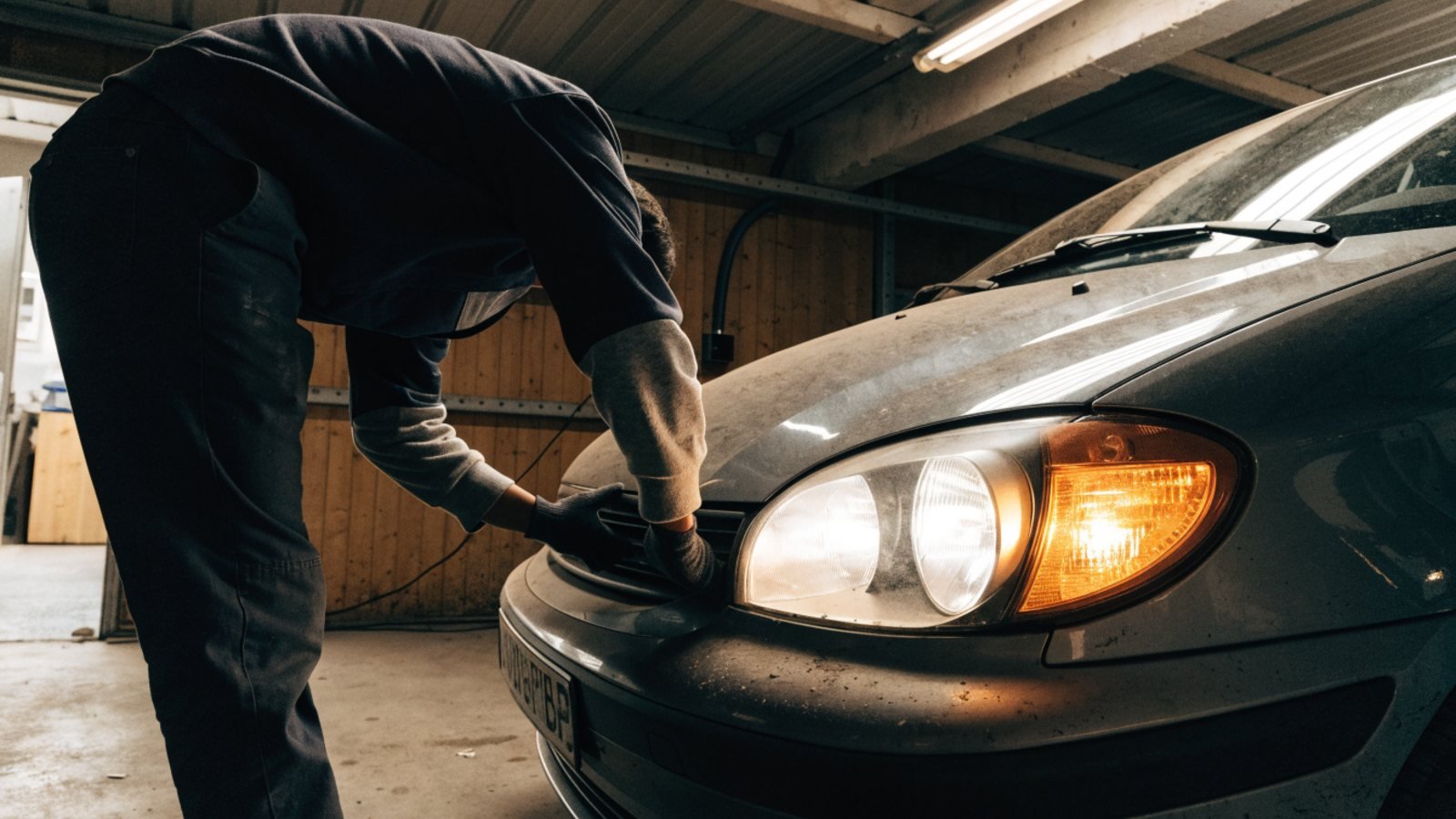 Mechanic leaning over the front of a hatchback in a garage bay checking that the headlight and indicator work