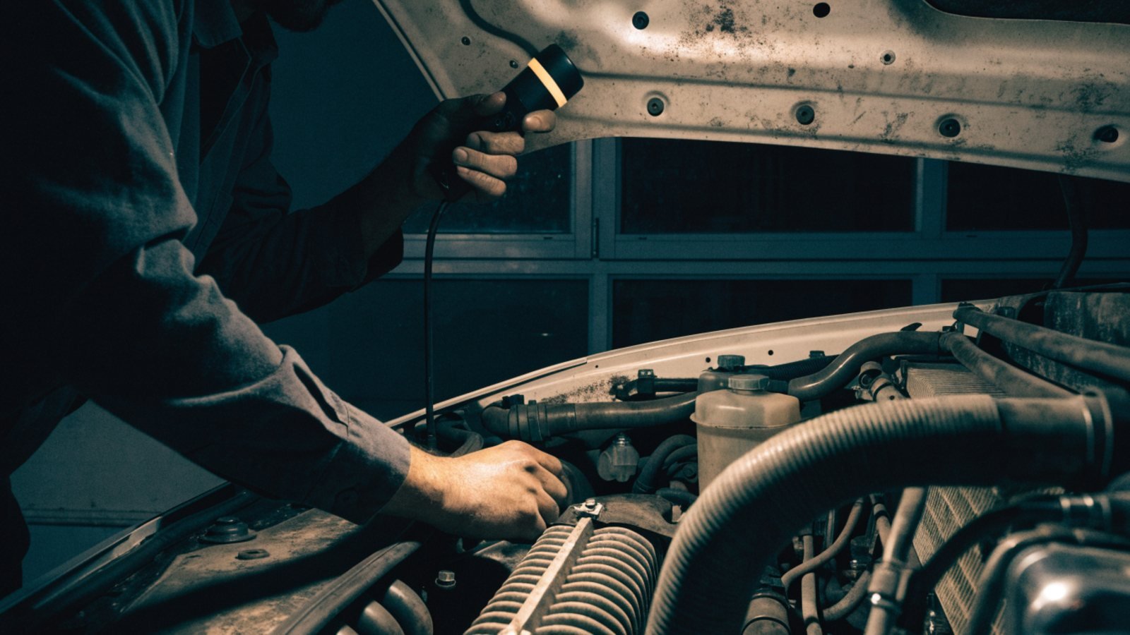 Mechanic working under the bonnet of a car in the evening with a handheld LED inspection light
