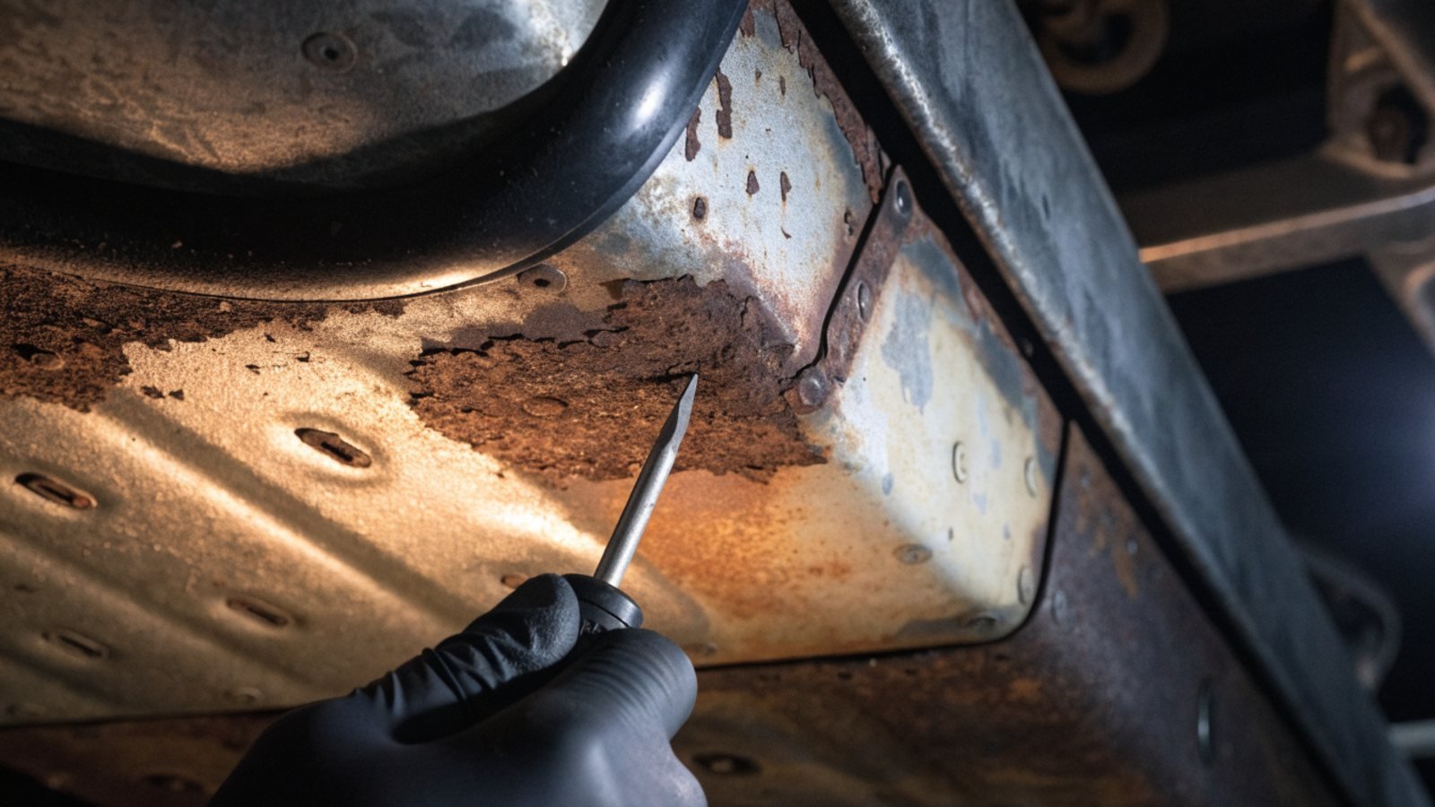Gloved hand pressing a screwdriver against a corroded steel sill and floor pan on the underside of a raised car