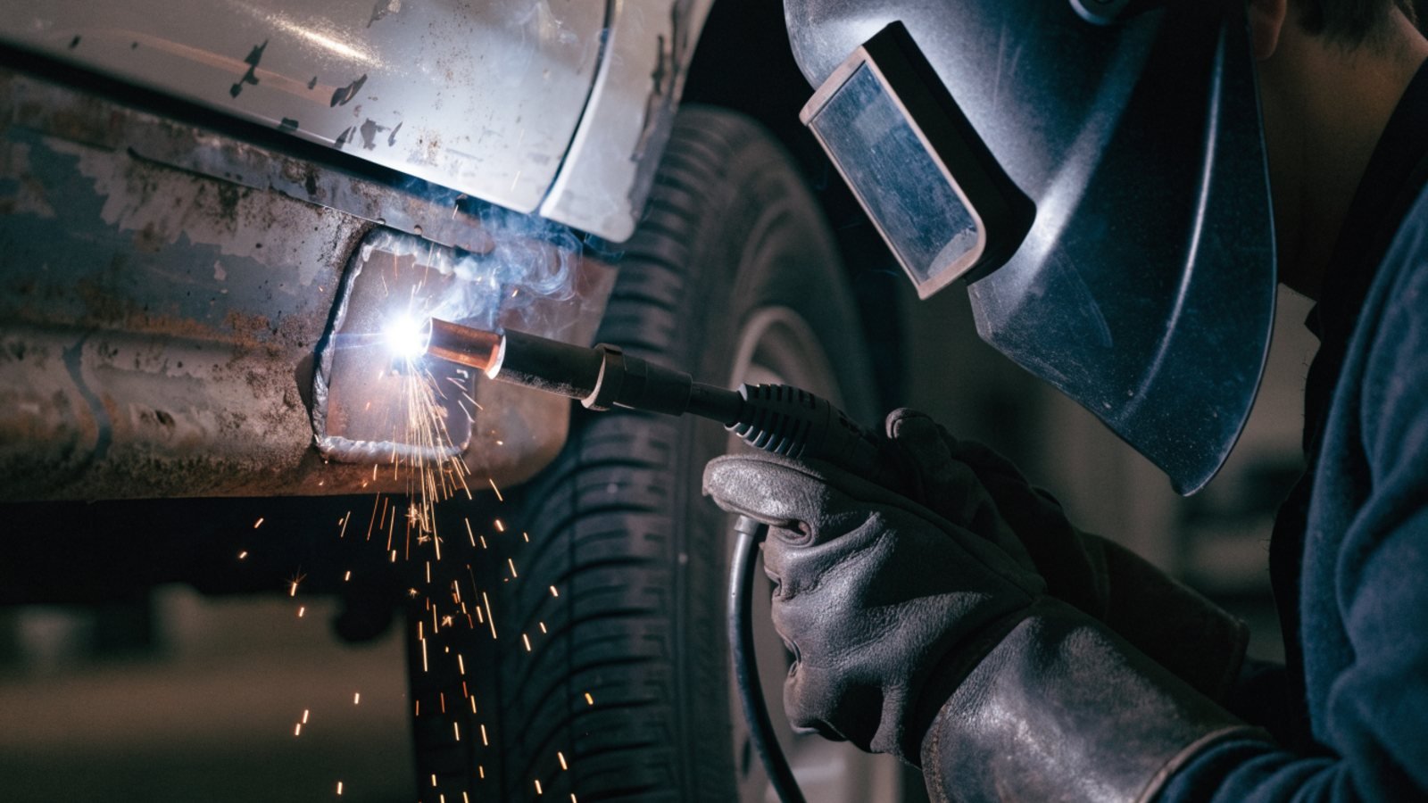 Welder in a helmet and leather gloves MIG welding a new steel patch onto the lower sill of a car with sparks flying