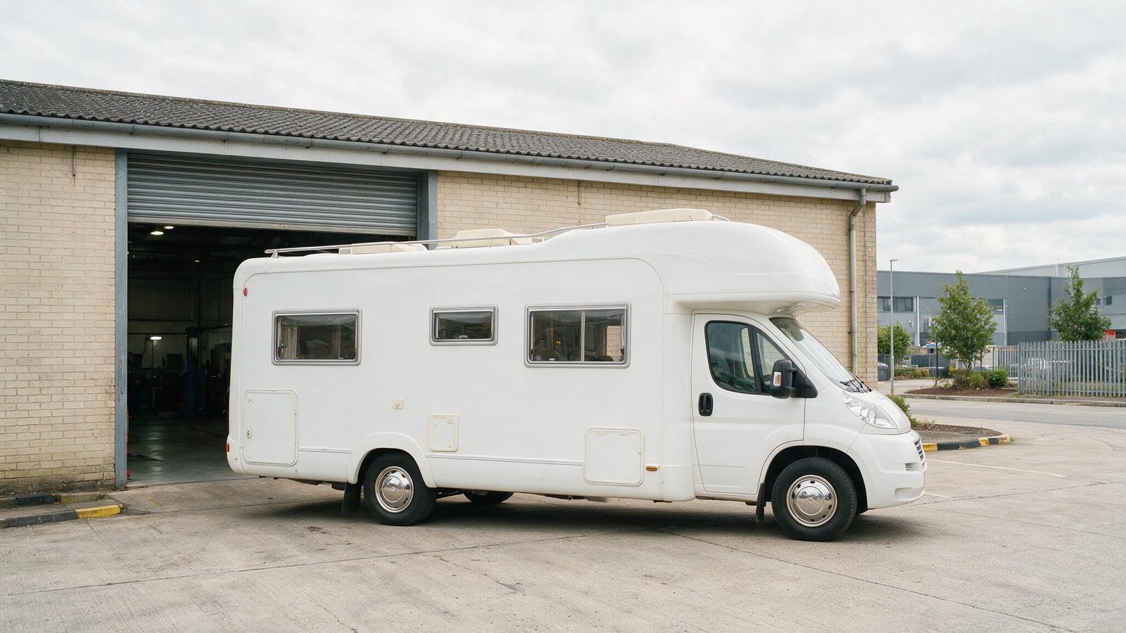 Large coachbuilt motorhome parked outside a British MOT testing station with the shutter door open