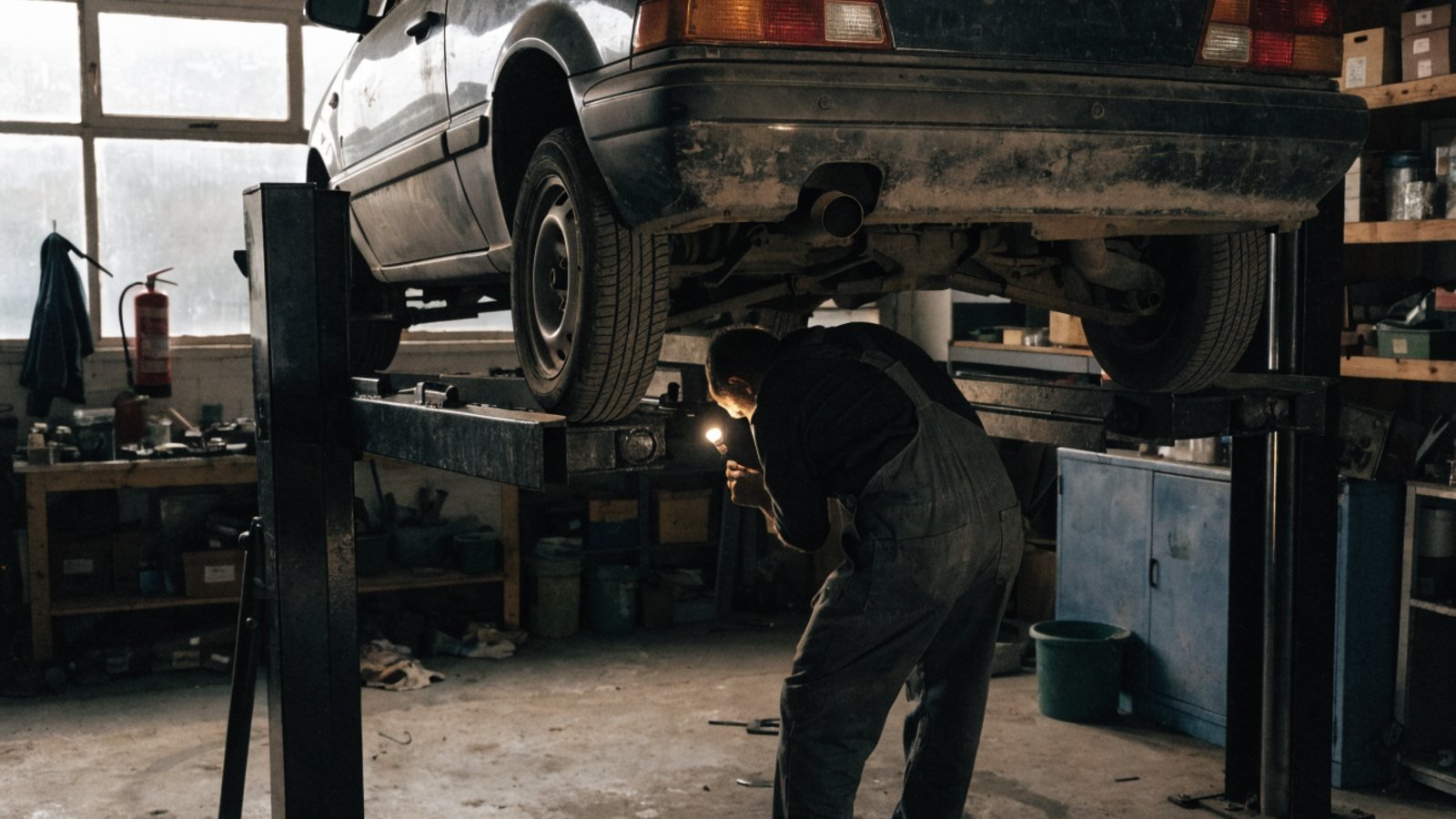Mechanic with a torch checking the rear suspension and underbody of an older small hatchback raised on a lift