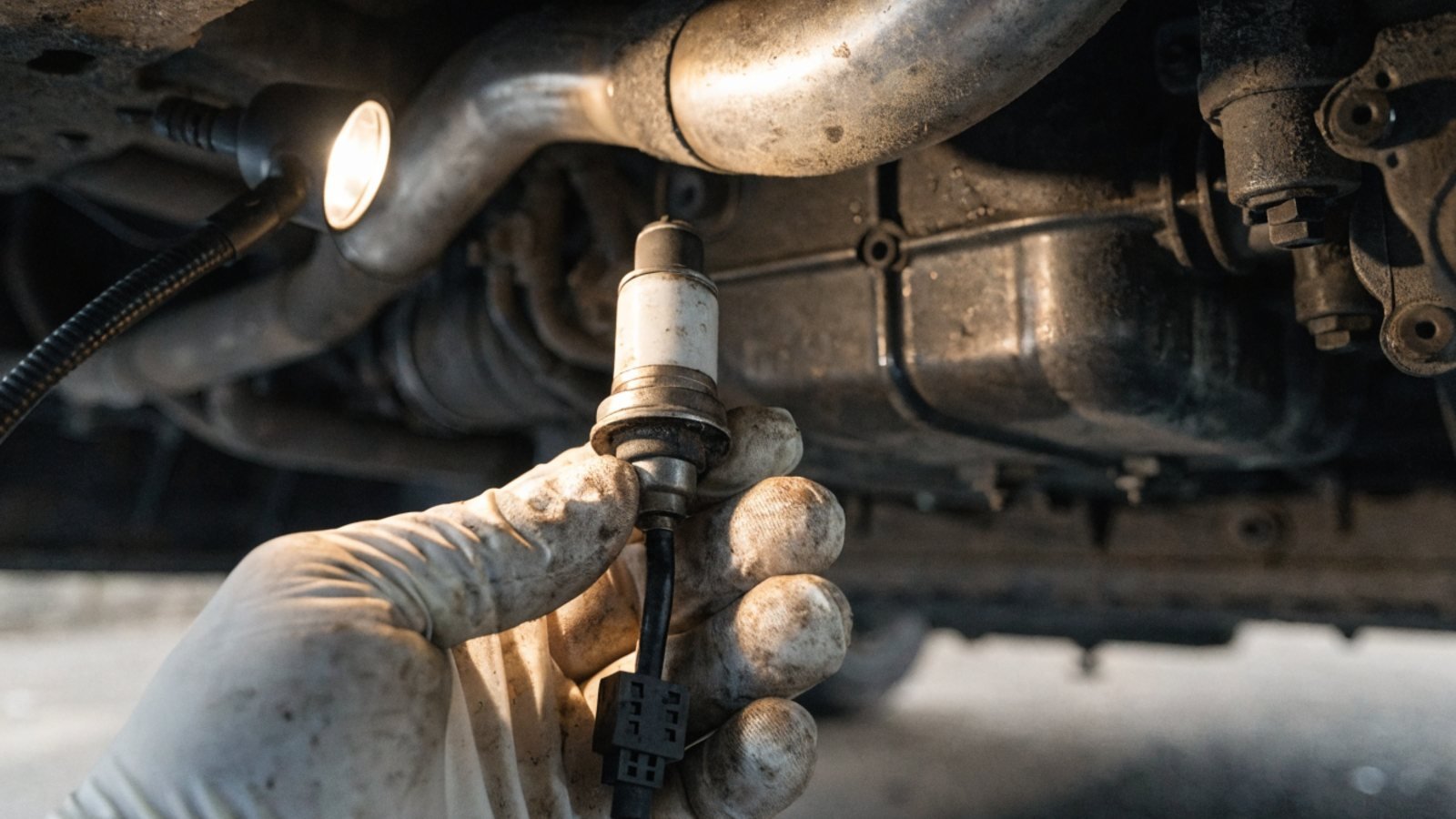 Gloved hand holding an exhaust oxygen sensor and its wiring connector under a raised car