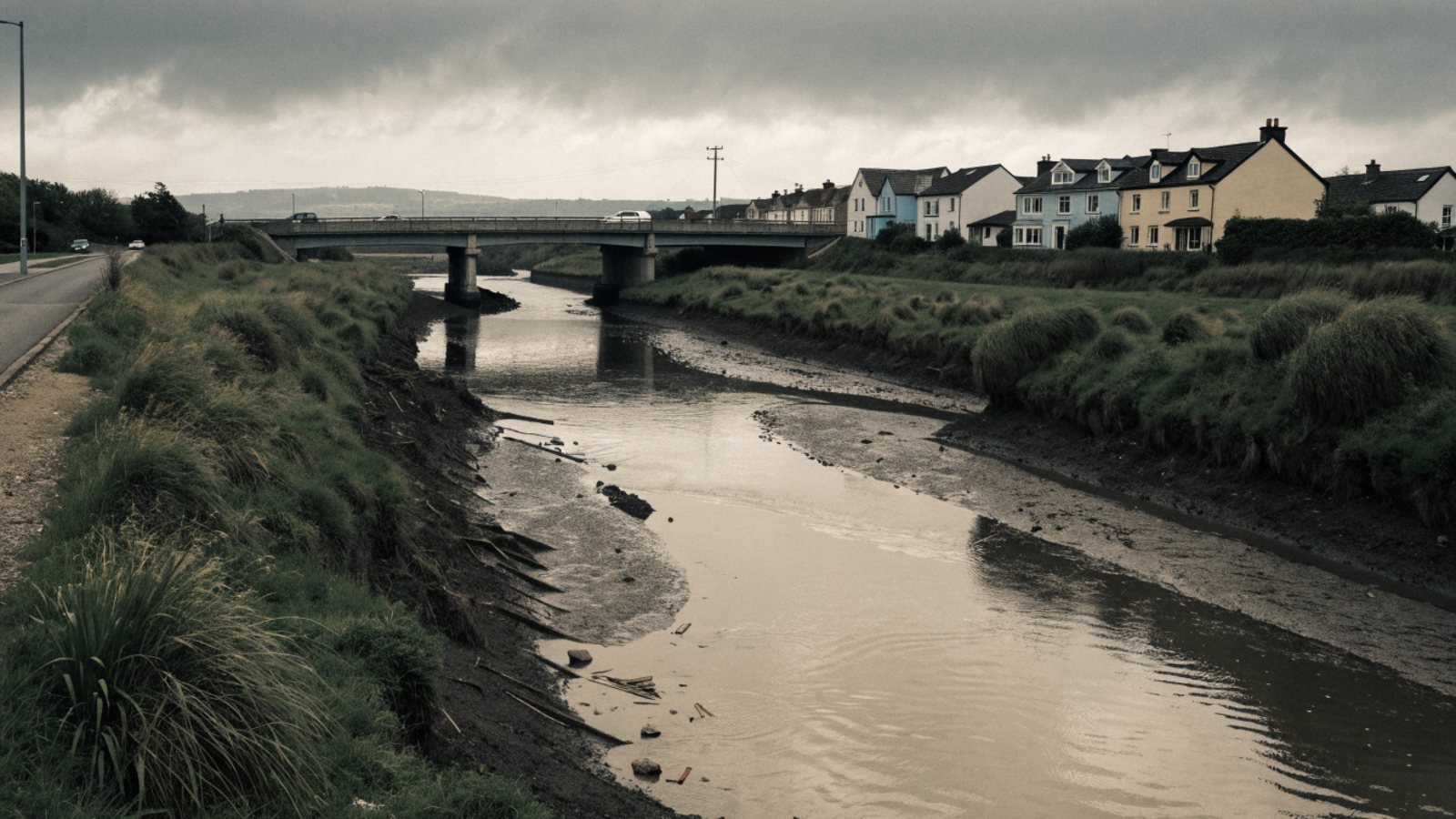 Tidal river with muddy banks flowing under a road bridge with low rise houses beyond on an overcast day