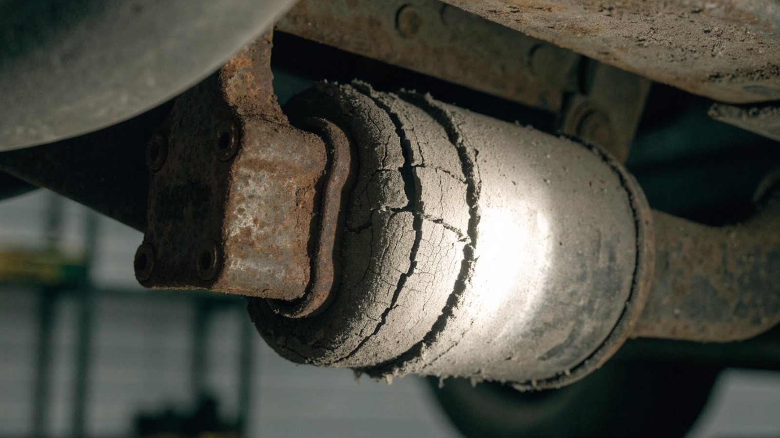 Close-up of a heavily rusted rear subframe mount and a cracked rubber suspension bush on the underside of an older car