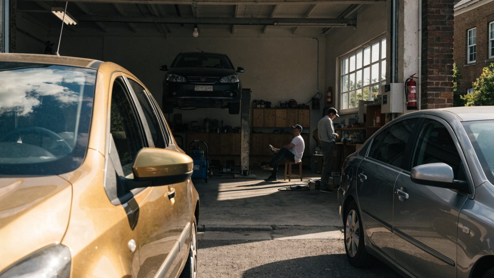 Independent garage on a bright morning with cars waiting on the forecourt and one car raised on a lift inside