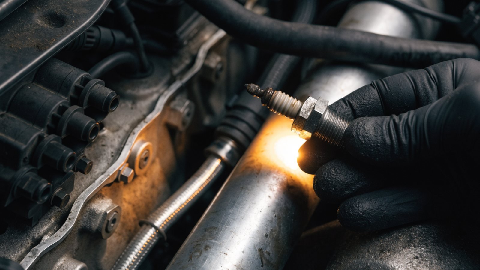 Gloved hand holding a used spark plug above an engine with the ignition coil removed