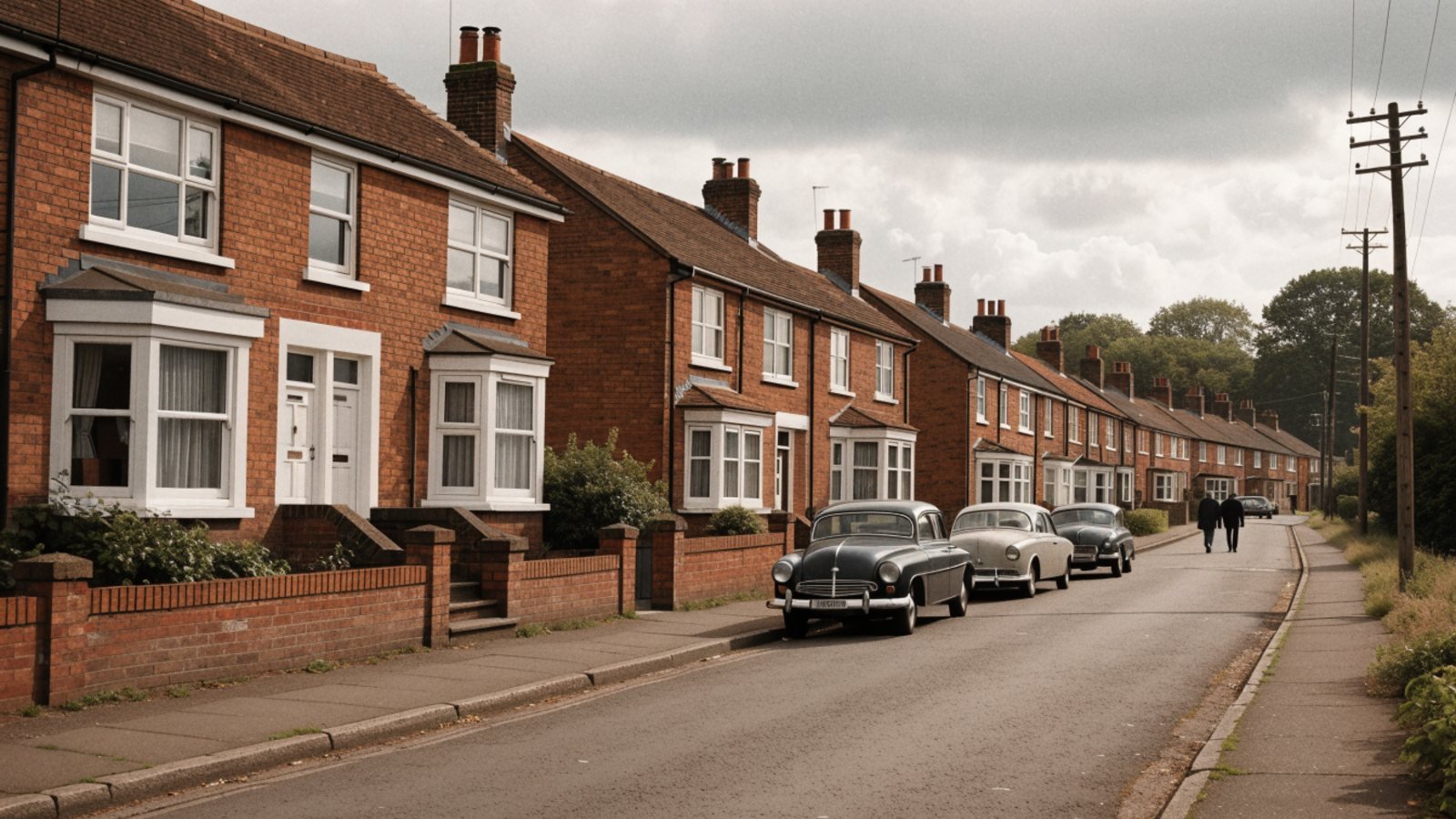 Suburban British street of brick semi-detached houses with cars parked along the kerb under a grey sky