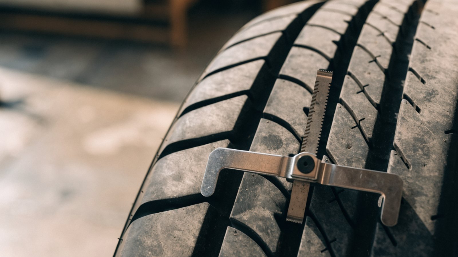 Close-up of a tread depth gauge pressed into the tread grooves of a car tyre
