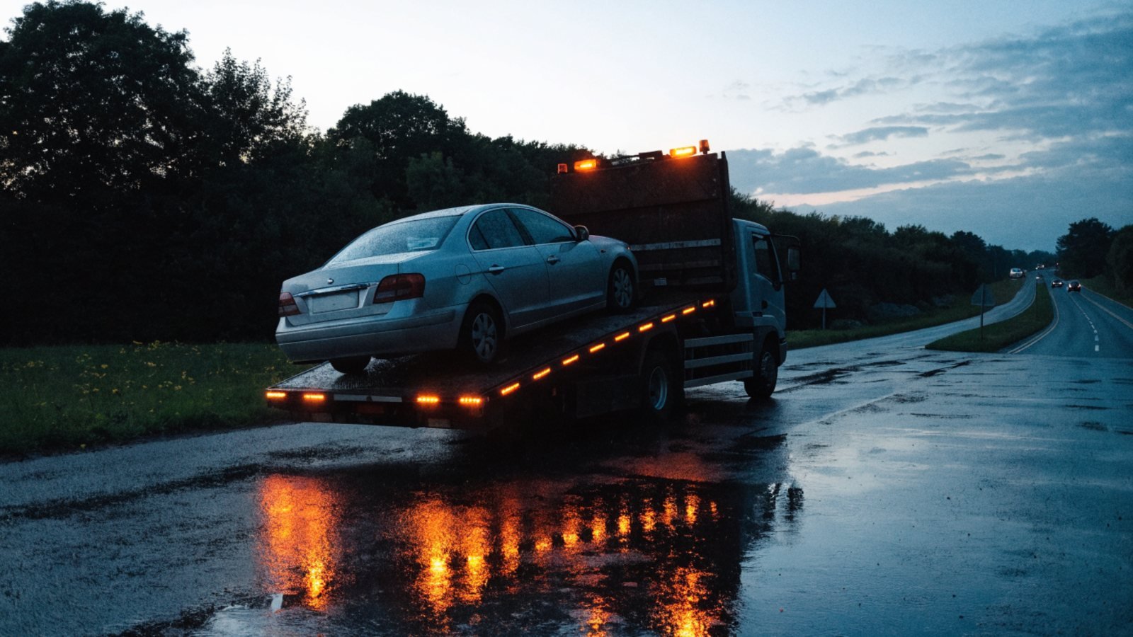 Flatbed recovery truck with amber beacons loading a broken down silver car in a wet lay-by at dusk