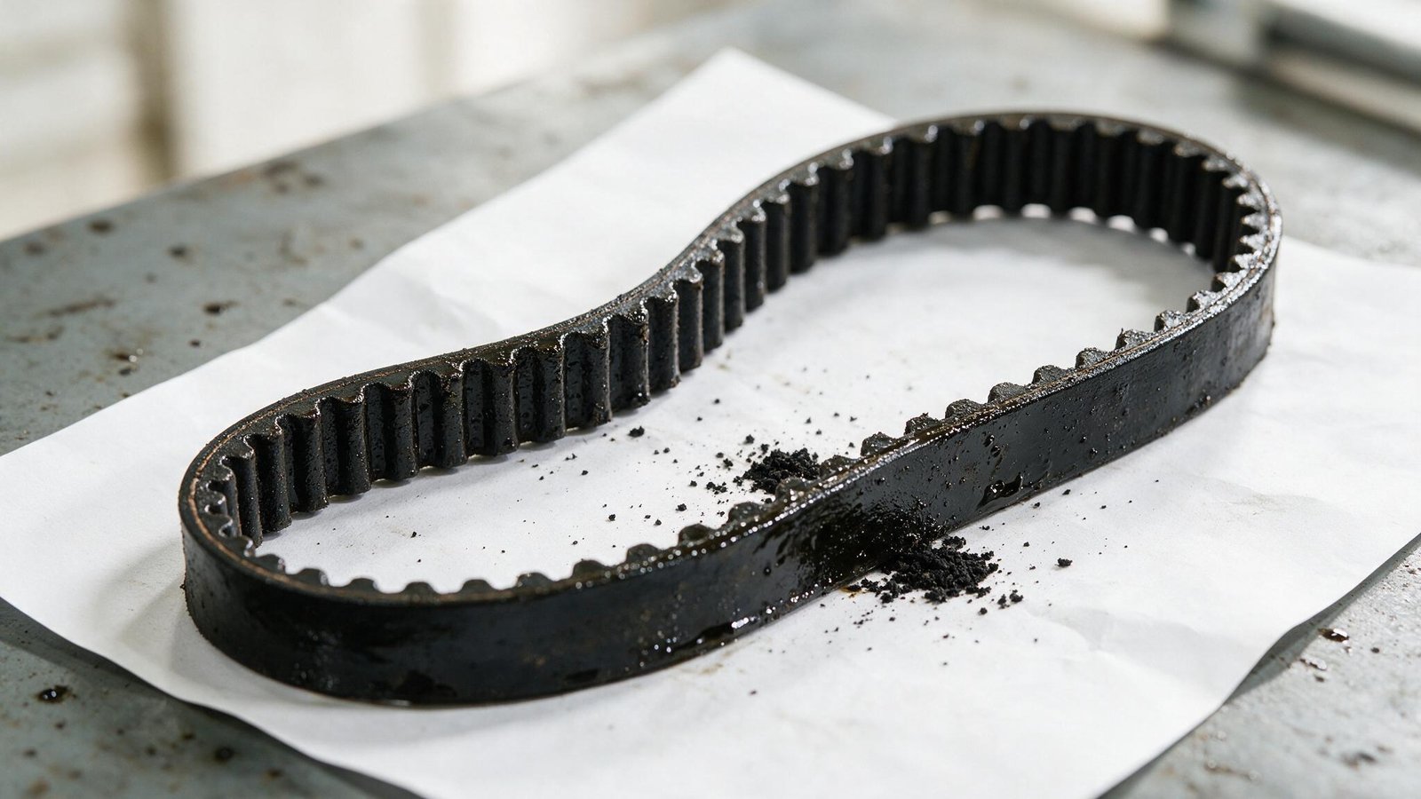 Worn wet belt on white paper with rounded teeth and shed black rubber debris beside it