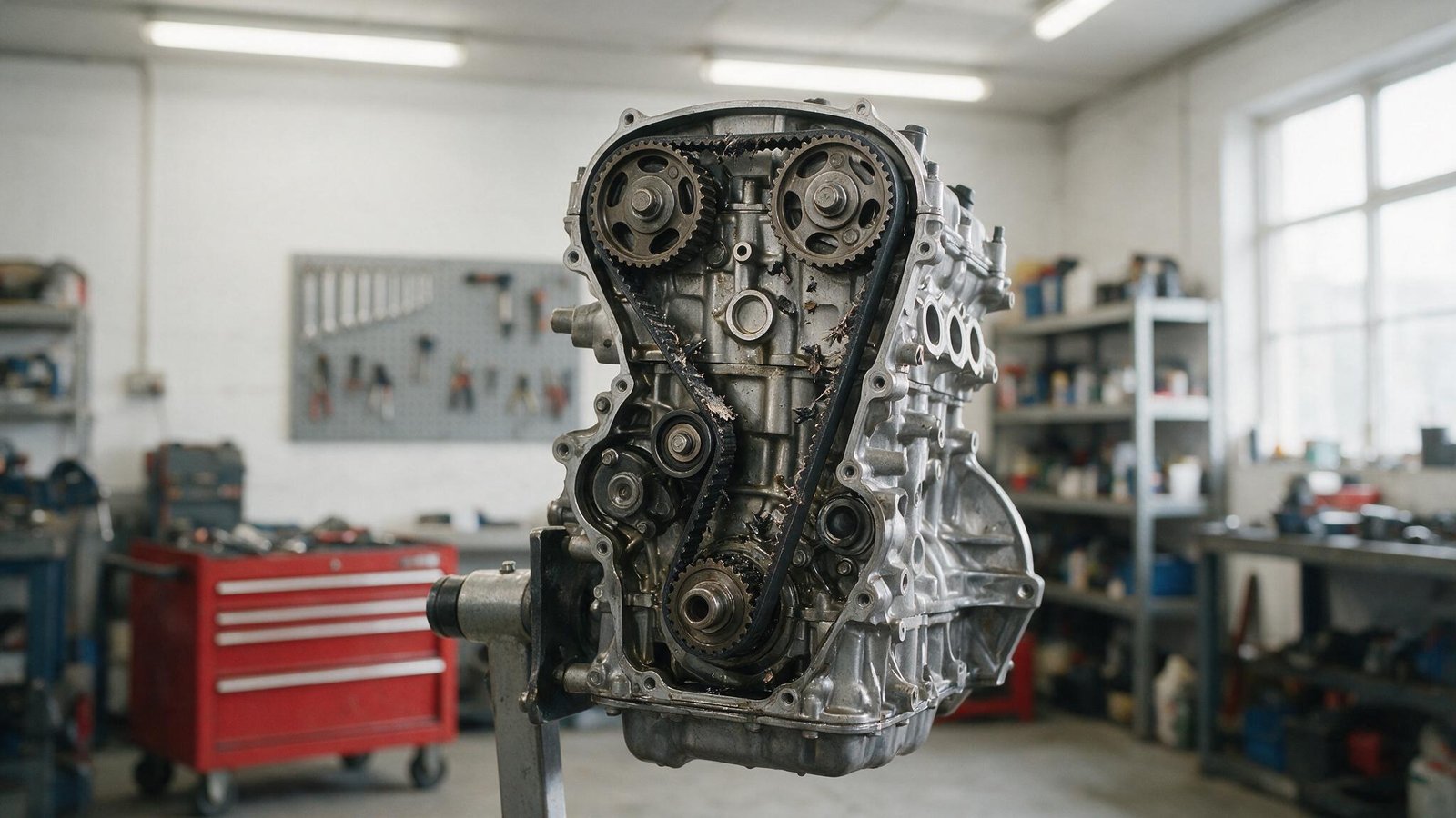 Stripped engine front showing a wet belt running in oil with delaminated teeth