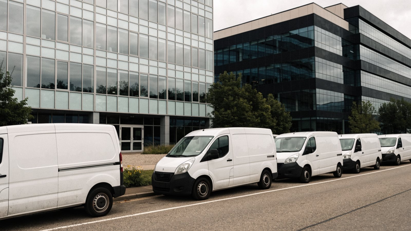 Row of plain white panel vans parked outside modern office buildings on a business park on an overcast day