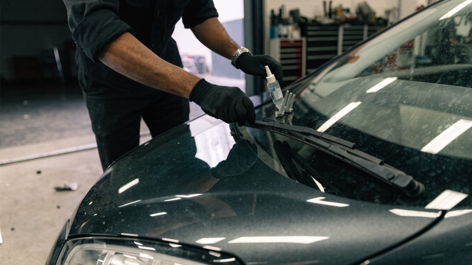Mechanic fitting a new wiper blade and checking the washer jets on a hatchback windscreen in a garage bay