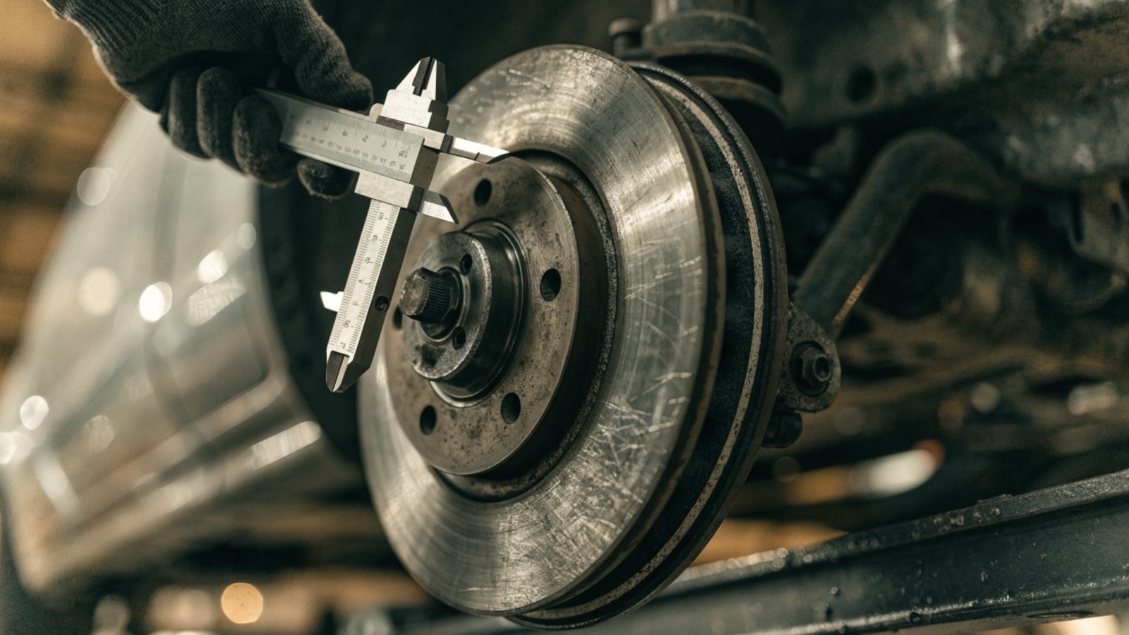 Gloved hand measuring a worn and scored front brake disc with a vernier caliper while the wheel is off a car on a lift