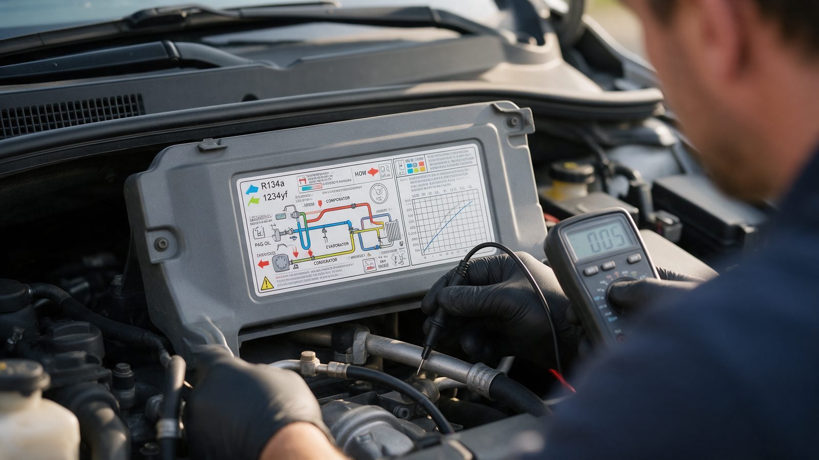 Technician checking the air conditioning information label under a car bonnet to confirm the refrigerant type and charge weight