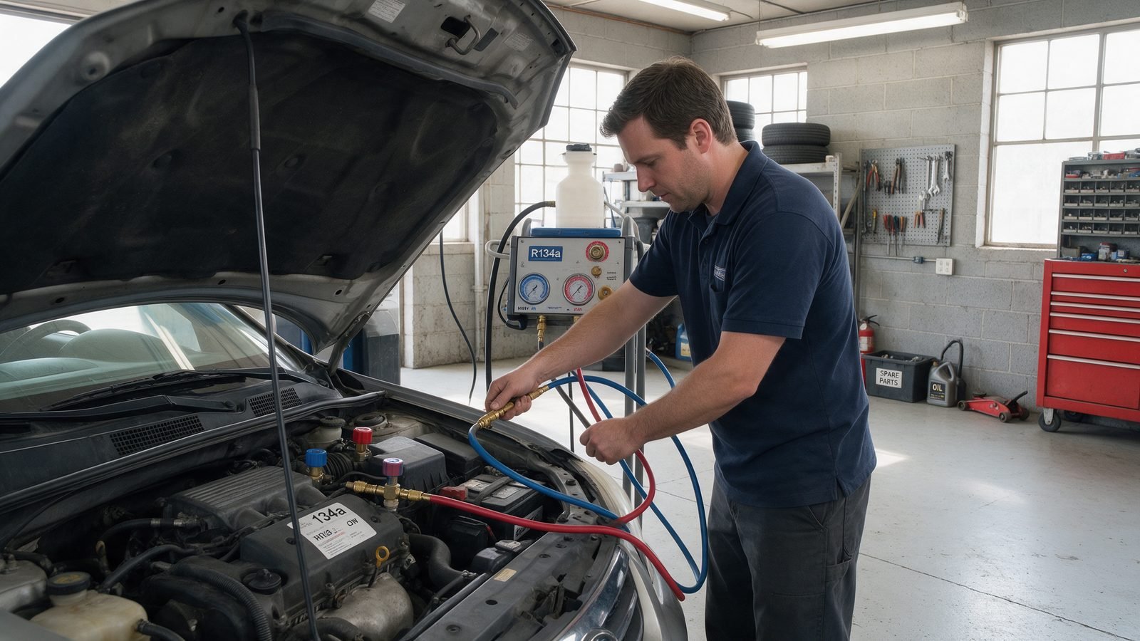 Technician connecting an air conditioning service machine to the high pressure port under the bonnet of a car in a garage bay
