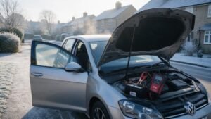 Technician connecting a battery tester to a hatchback parked on a frosty residential street in Cardiff
