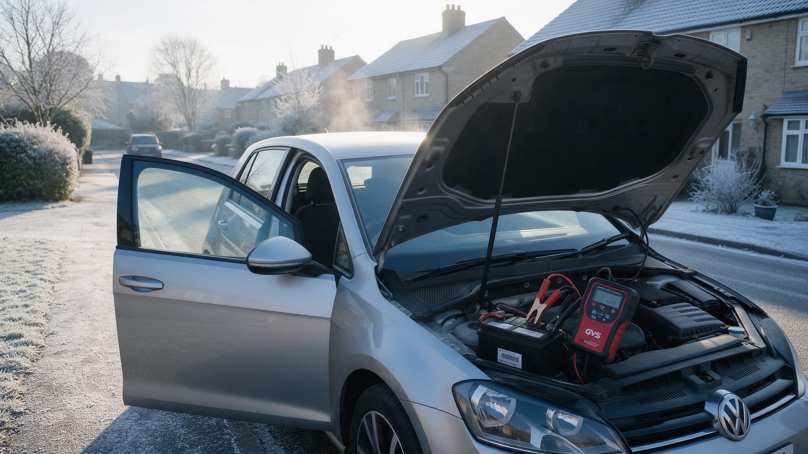 Technician connecting a battery tester to a hatchback parked on a frosty residential street in Cardiff