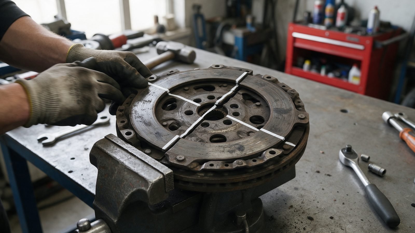 Technician checking rotational free play on a used dual mass flywheel held in a bench vice with a marker reference line