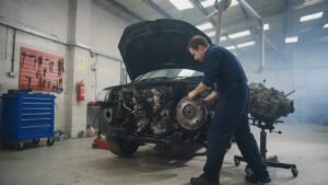 Technician lifting a dual mass flywheel off the back of an engine with the gearbox removed in a garage bay