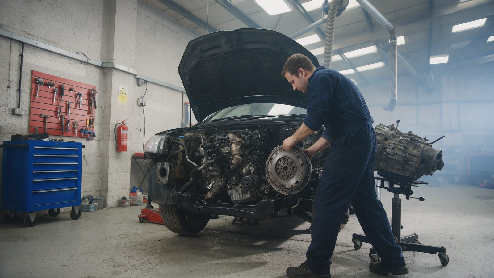 Technician lifting a dual mass flywheel off the back of an engine with the gearbox removed in a garage bay