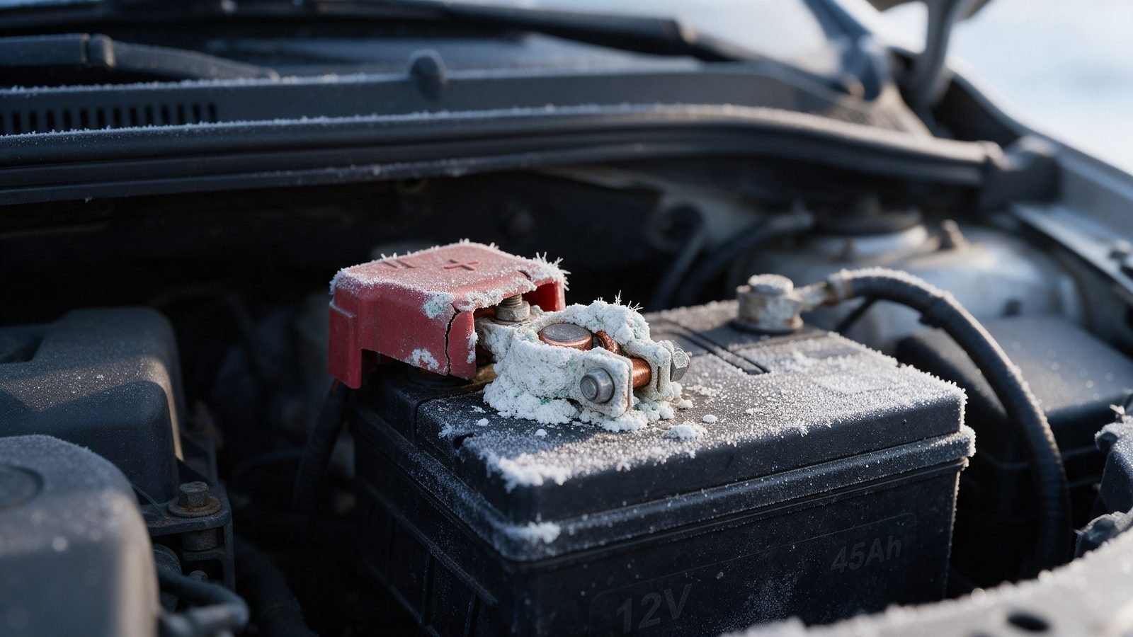 Close up of a corroded positive battery terminal and clamp under a car bonnet on a frosty morning