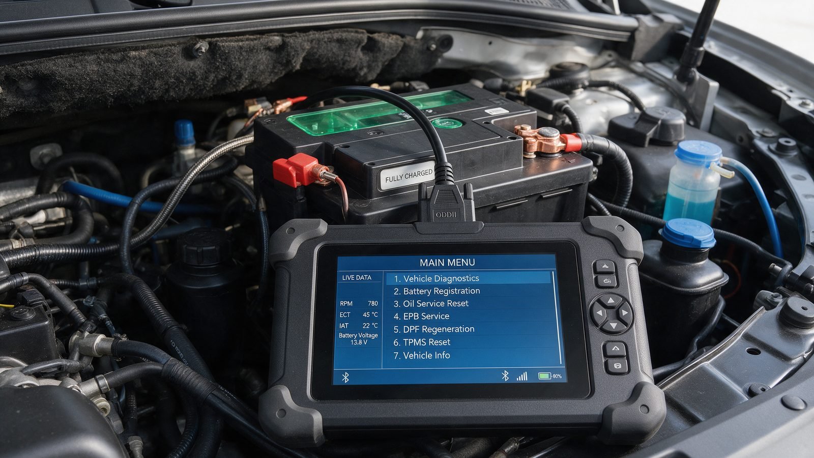 Diagnostic tablet plugged into a car OBD port showing the battery registration menu while a new battery sits in the engine bay