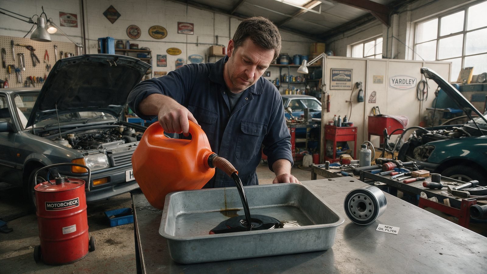 Mechanic draining engine oil into a tray with a new oil filter ready on the workbench