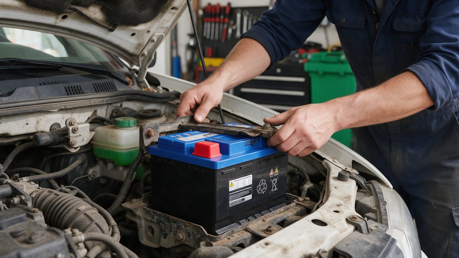 Mechanic lowering a new sealed battery into its tray and securing the hold down bracket on a van