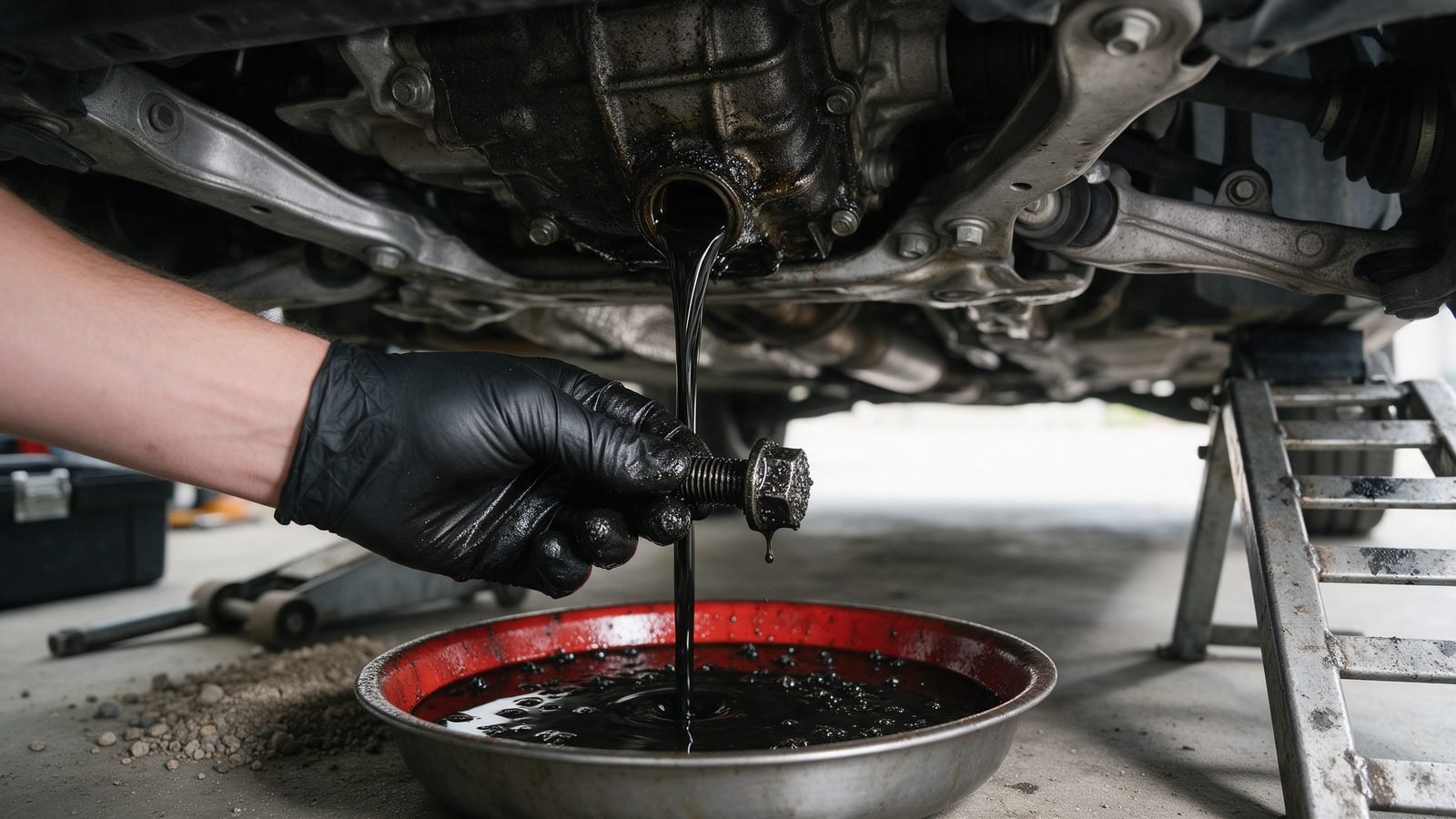 Gearbox drain plug removed by hand with dark used gear oil running into a drain pan