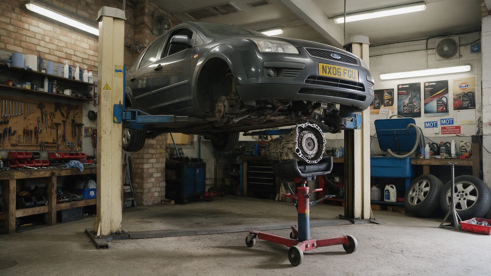 Gearbox supported on a transmission jack beneath a front wheel drive hatchback with the bellhousing and clutch assembly exposed