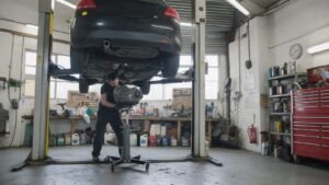 Technician guiding a gearbox onto a transmission jack under a hatchback on a two post ramp